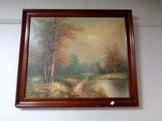 An oil on canvas depicting a stream in woodland,