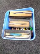 A box of pens including Parker ball point pens etc.