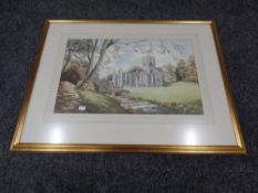 A 20th century watercolour depicting a ruin in landscape,