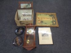 Quantity of pictures and prints, reproduction wall clock and an etching of Durham.