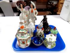 A tray of Maling lustre bowl, Staffordshire figure, Coalport cottage ornament etc.
