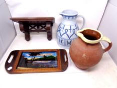 A wooden wall bracket together with glazed pottery job,