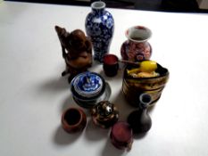 A tray of 19th century Chinese blue and white baluster vase, further Chinese tea bowls,