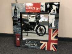 A contemporary mirror in an illustrated decorative frame - Soho Square, London,