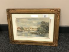 Nineteenth Century School : A Barge on a River with Figures and Dwellings Beyond, watercolour,