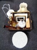 Three hat boxes together with a heavy quality brass Corinthian column lamp with shade,