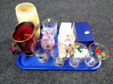 A tray of glass, Arthur Wood jug, Royal Doulton vase, silver plated Ronson lighter.