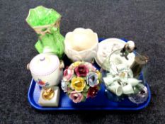 A tray of Maling floral jug, Sylvac vase, Poole Pottery storage container, brass miner's lamp.