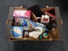 A large glass Murano fish ornament together with further china pottery, stereo headset etc.