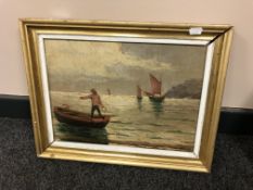E Hanslip : Figure in a rowing boat at sunset, oil on board.