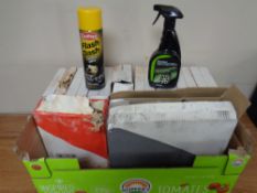 A box containing a quantity of Carplan Flash Dash Cockpit Shine and Carrefour alloy wheel cleaner
