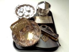 A tray of silver plated cigarette box, lighters including Ronson,