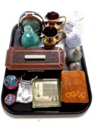 A tray containing miscellanea including train card box bridge set, paperweights,