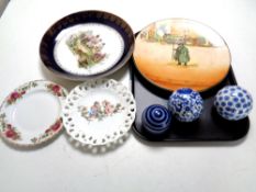 A tray containing assorted ceramics including a Royal Doulton Tony Weller Charger,