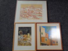 A framed Alan Ball print together with a still life oil painting (indistinctly signed) and one