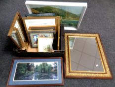 A box of contemporary pictures and prints, gilt framed mirror,