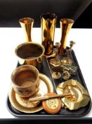 A tray of brass ware, trench art vases, pair of candlesticks, enamelled vase,