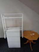 A contemporary three drawer chest together with a pine octagonal table and painted towel rail