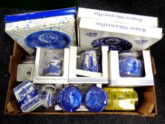 A box of boxed and unboxed Ringtons blue and white china