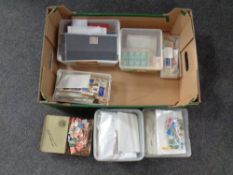 A box containing a large quantity of 20th century world stamps and a vintage Players Navy Cut tin