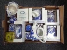 A box of boxed and unboxed Ringtons blue and white china
