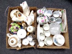 Two boxes containing a pair of Staffordshire style dogs, assorted Continental and English tea china,