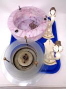 A tray containing a pink glass Art Deco light shade together with a further vintage glass light