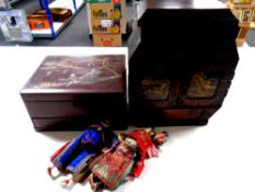 Two Chinese cabinets and two 19th century Chinese dolls (one requires repair)