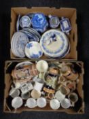 Two boxes containing miscellanea including blue and white ceramics, Ringtons caddy beer steins,