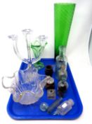 A tray containing assorted glassware including antique glass bottles and jars, envelope glass dish,