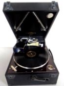 A Columbia portable tabletop gramophone.