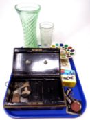 A tray containing miscellanea including an early 20th century cash tin containing pre-decimal