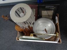 A box containing miscellanea to include an aluminium jam pan,