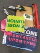 A box containing folding stools, two piece snooker cue in case, a Flick Skills football set etc.