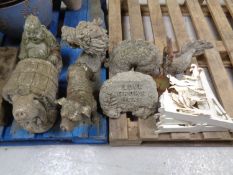 Assorted concrete garden ornaments to include Dragon,
