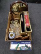 A box containing miscellanea including brass embossed magazine rack,