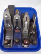 A tray containing four assorted woodworking planes including, Record No.