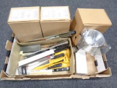 Three boxed Conelight spotlights together with a box containing a quantity of kitchen knives and