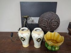 A box containing miscellanea a Majolica style planter, a pair of Crown pottery vases,