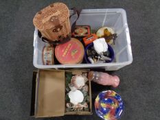 Two boxes containing vintage tins, Maling china, wicker wine carrier, assorted sea shells.