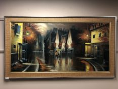 Continental School : Figures in a street, oil-on-canvas, 121 x 60 cm.