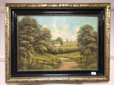 Continental School : A thatched cottage with windmill beyond, oil-on-canvas, 64 x 44 cm.