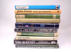 Ten cricket books bearing signatures including Colin Cowdrey, John Arlott, Len Hutton, Tom Graveney.
