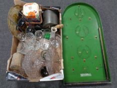 A box containing assorted glassware, china lidded biscuit barrel, vintage bagatelle.