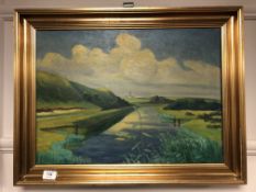 Continental School : A view along a canal, oil-on-canvas, 54 x 39 cm.