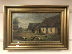 D Wingard : Chickens by a thatched cottage, oil-on-canvas, framed, 66cm x 39cm.