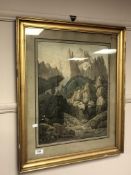 A continental colour print depicting mountains 38cm x 48cm