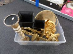 A box containing a quantity of contemporary planters, gilt wall shelves, candle sconce,