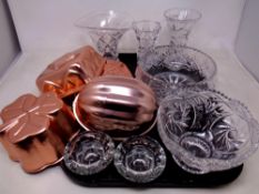 A tray containing assorted lead crystal vases and bowls together with four contemporary jelly