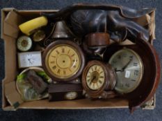 A box containing a quantity of antique and later clocks and clock parts, carved tribal wall mask.